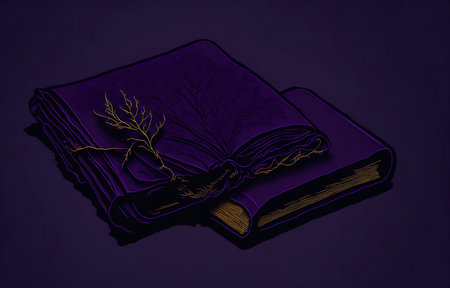 Two old books with a small plant growing from one. Dark purple tones create a mystical atmosphere.の写真素材