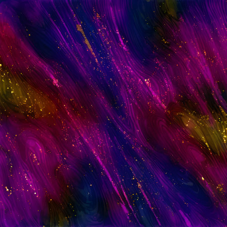 Vibrant cosmic abstract painting with purple, gold, and blue hues. Glittering texture creates a...