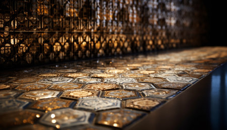 Close-up of luxurious hexagonal tiles in gold and gray tones. Intricate pattern and elegant design.