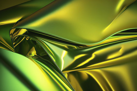 Abstract image showcasing flowing metallic folds in vibrant shades of green and gold.の写真素材