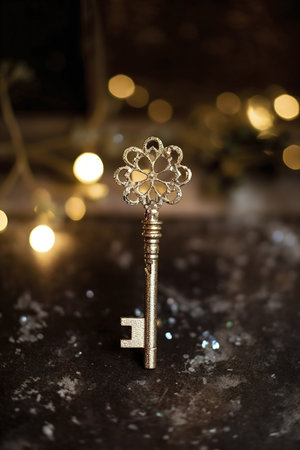 A golden ornate key rests on a dark surface, surrounded by festive lights. Christmas magic and wonder.の写真素材