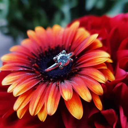 A captivating image of a diamond ring nestled within the heart of a vibrant gerbera daisy. The rich colors and delicate details create a breathtaking scene.の写真素材