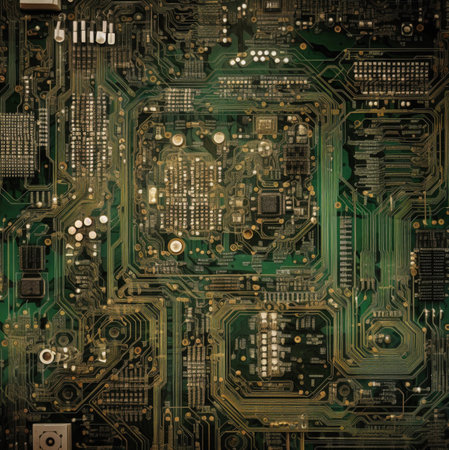 Detailed image of a circuit board, showing intricately detailed pathways and components. Green and...