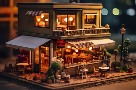 A charming miniature bakery at night, illuminated and inviting. The warm lights create a magical...