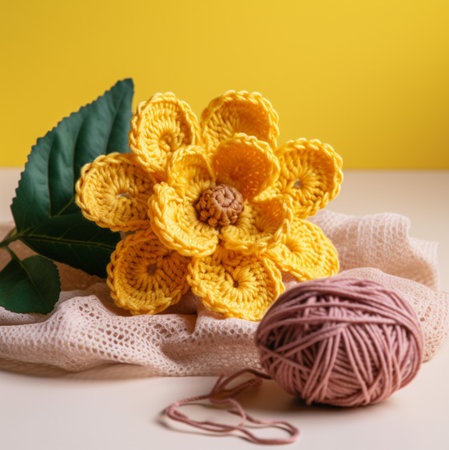 Close-up shot of a crocheted yellow flower with pink yarn. The flower is on a beige fabric...