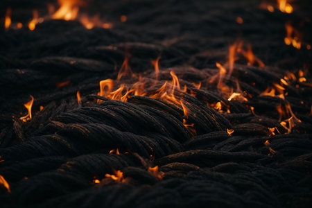 Close-up view of a flowing lava stream with intense flames. The dark volcanic rock is textured with glowing embers. A dramatic volcanic scene.の写真素材