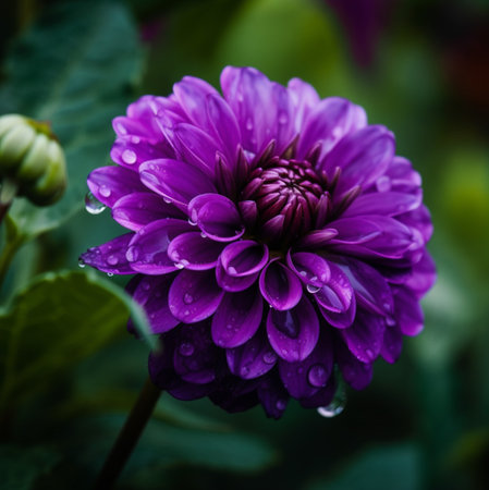 A stunning close-up of a purple dahlia flower glistening with morning dew. The vibrant color and intricate details are beautifully captured.の写真素材
