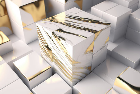 3D render of an abstract composition featuring gold and white cubes with a marble texture. Luxurious...