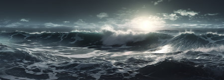 A powerful image of large waves crashing during a dramatic sunset. The dark ocean and stormy clouds...