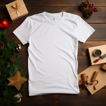 A white t-shirt mockup on a brown wooden surface, surrounded by Christmas ornaments and pine branches. Perfect for design presentations.の写真素材