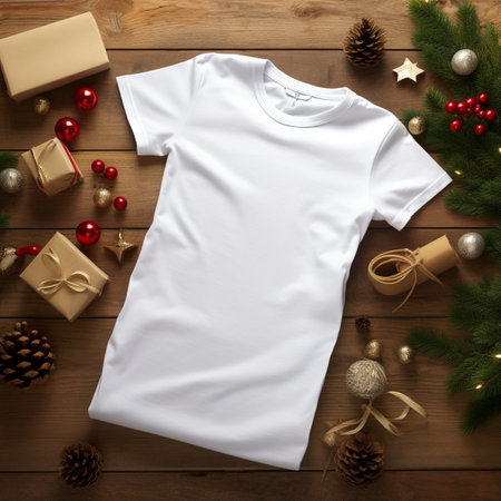 A white t-shirt mockup surrounded by Christmas ornaments and gifts. Perfect for showcasing holiday designs.の写真素材