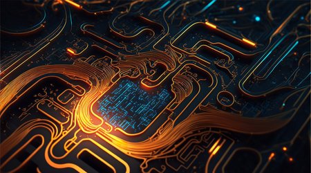 Glowing digital circuit board, abstract tech artwork.