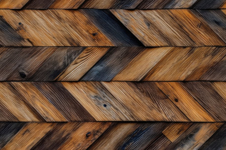 Dark and light brown wood planks arranged in a chevron pattern. Rustic texture background.の写真素材
