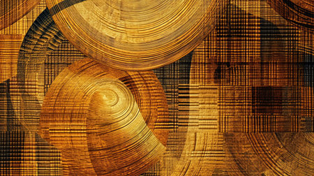 Intricate abstract artwork featuring swirling golden wood textures. Circles and lines create a rich,...
