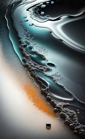 Abstract image of swirling liquid with teal, gray, and orange tones, showing a mesmerizing interplay...
