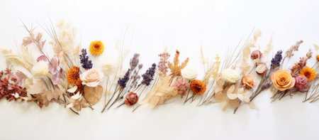 A beautiful display of dried flowers in warm autumnal colors. Perfect for autumnal decorations or wedding themes.の写真素材