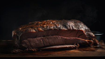 Close-up of a perfectly smoked brisket, sliced and ready to be enjoyed. The image showcases the rich, dark color and juicy texture of the meat.の写真素材