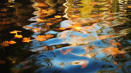 Orange leaves floating on a lake's surface, their reflections dancing with the ripples. Autumnal...