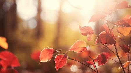 Red autumn leaves bathed in warm sunlight. Serene forest scene.