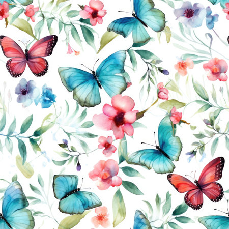 A lovely seamless pattern featuring watercolor butterflies and flowers in soft pastel colors.の写真素材