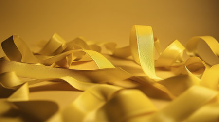 Close-up of tangled yellow ribbons on a yellow background. Abstract image with a focus on texture and light.の写真素材