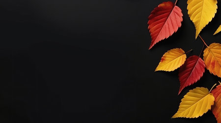 Colorful autumn leaves arranged on a black backdrop. A vibrant fall image showing the beauty of...