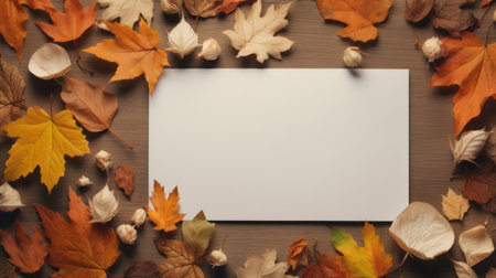 Blank white card surrounded by colorful autumn leaves and dried flowers. Perfect for seasonal...