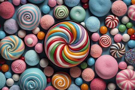 An array of colorful candies and lollipops creates a vibrant and whimsical scene. The swirls and bright colors evoke a feeling of joy and delight.の写真素材