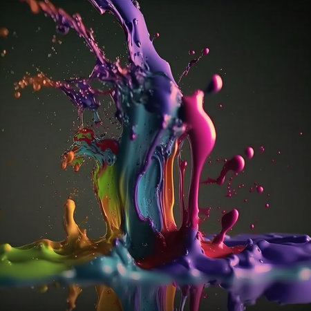 A captivating image of a vibrant rainbow paint splash, showcasing dynamic movement and intense...