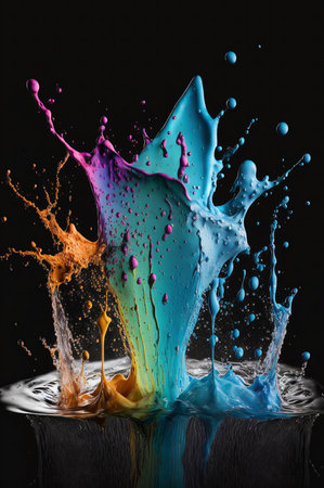 A captivating image of a vibrant color explosion, showcasing dynamic splashes of blue, purple, and orange paint, creating a mesmerizing artistic display.の写真素材
