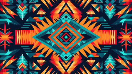 A vibrant, geometric textile design inspired by Native American patterns. Bold colors and intricate...