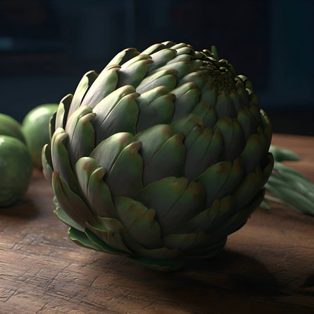 A detailed close-up shot of a single artichoke resting on a wooden surface. The image emphasizes the texture and color of the artichoke.の写真素材