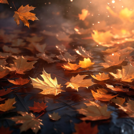 Golden autumn leaves scattered on the ground, bathed in warm sunlight. A serene and beautiful scene.