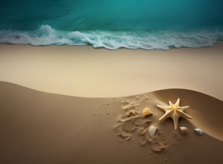 Starfish and seashells on a sandy beach with turquoise ocean waves.の写真素材