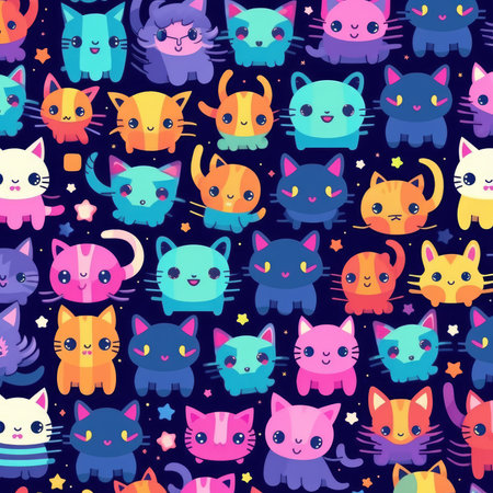 A delightful pattern featuring many cute cartoon cats in a rainbow of colors. Perfect for kids' backgrounds or apparel.の写真素材