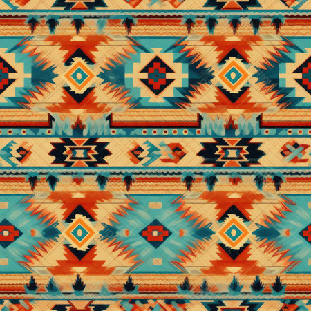 A lively textile design showcasing vibrant Native American inspired geometric patterns and colors.の写真素材