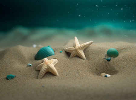 Seashells and starfish on a sandy beach, underwater view. Peaceful and serene summer scene.の写真素材