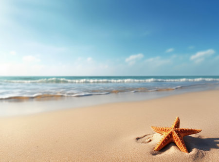 A single starfish rests on a pristine sandy beach, the turquoise ocean gently lapping the shore under a vibrant blue sky. Summer paradise.の写真素材