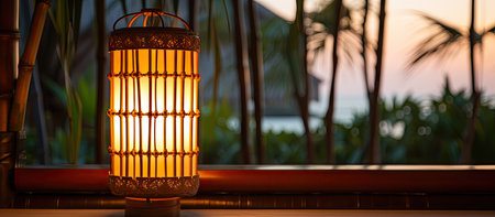 A lit bamboo lantern sits on a window sill, casting a warm glow against a blurred sunset backdrop of...