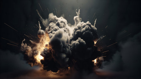 A powerful explosion with dark smoke, fiery orange glow, and debris. Dramatic illustration of...
