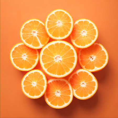 A captivating image showing several orange slices arranged in a circular pattern against a warm...