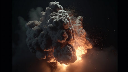 A powerful explosion captured in detail, showing intense flames and billowing smoke against a dark background.の写真素材