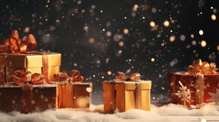 Image of golden and red presents covered in snow. Festive christmas settingの写真素材