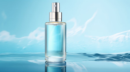 A clear glass perfume bottle with a silver spray top sits on a calm blue ocean water surface. It evokes a feeling of freshness and relaxation.の写真素材