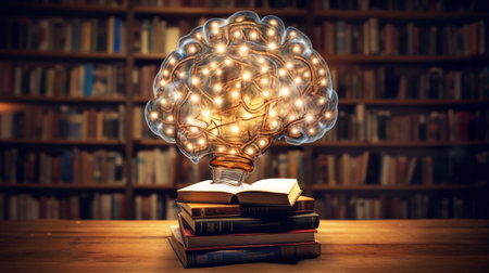 A brain-shaped lightbulb illuminates a stack of books in a library, symbolizing the power of...