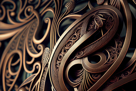 Close-up view of a highly detailed bronze filigree, showing its intricate patterns and craftsmanship.の写真素材