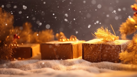 Three beautifully wrapped gifts sit in the snow, surrounded by festive decorations. A magical Christmas scene.の写真素材