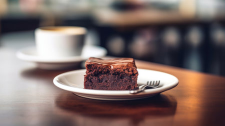 A single, decadent chocolate brownie sits on a small plate, next to a blurred coffee cup. Warm lighting illuminates the scene, enhancing the rich color of the dessert.の写真素材