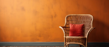 A rustic wicker chair with a red pillow sits against a warm orange wall. The image evokes a cozy and inviting atmosphere.の写真素材