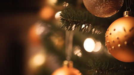 Close-up of gold Christmas ornaments on a decorated tree, glowing lights creating a warm and festive atmosphere.の写真素材